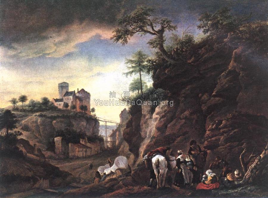 Rocky Landscape with resting Travellers - 菲利普斯·沃夫曼